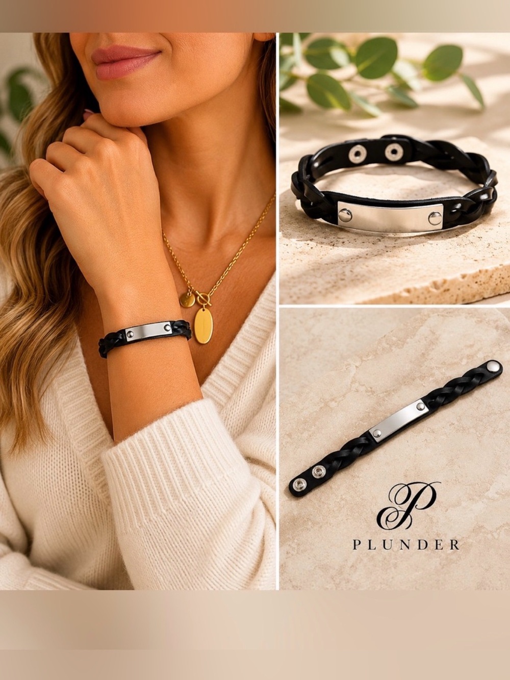 🆕 Set of 2 Braided Leather Bracelets with a Silver Plate for engraving.  Unisex!
